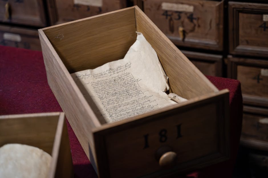 Discover an antique manuscript within a vintage wooden drawer, evoking historical charm.